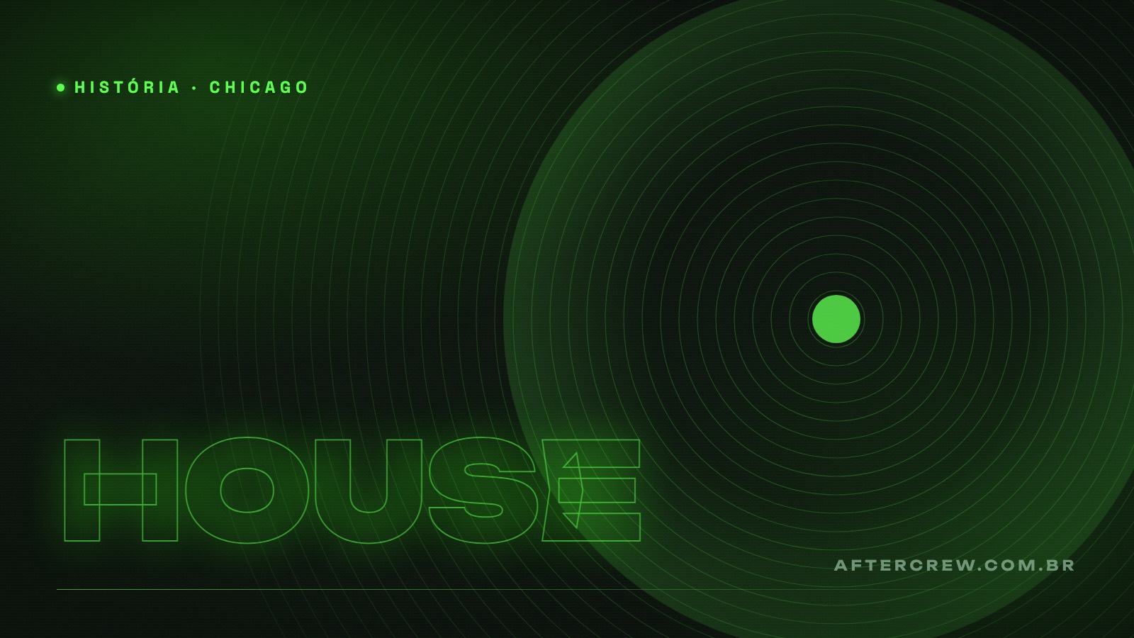Arte editorial com sulcos de disco de vinil e a palavra HOUSE em tipografia neon verde